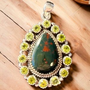 Native Solid Sterling Silver Bloodstone & Peridot Pendant